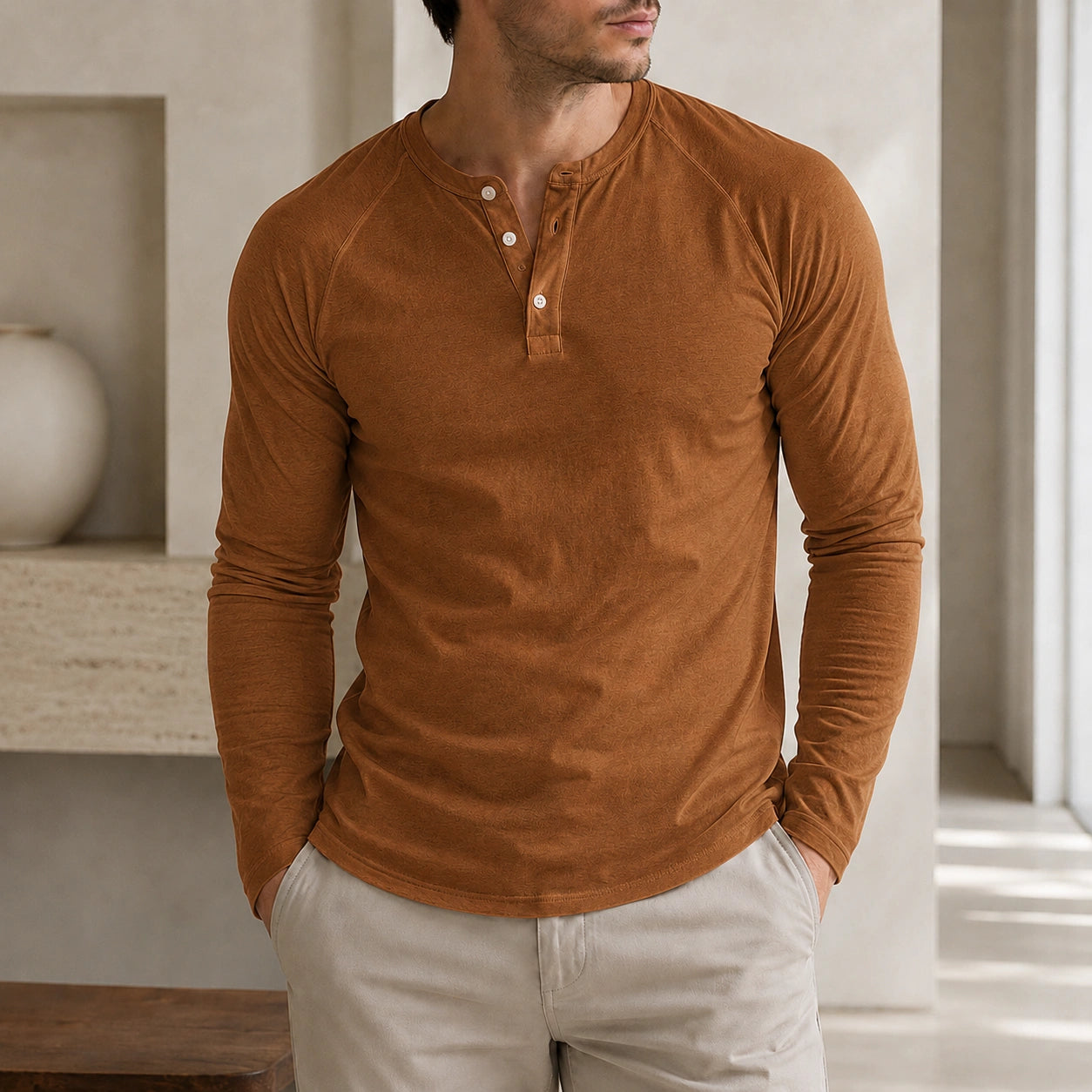 Mivanity Men's Crew Neck Button-Front Long-Sleeve T-Shirts