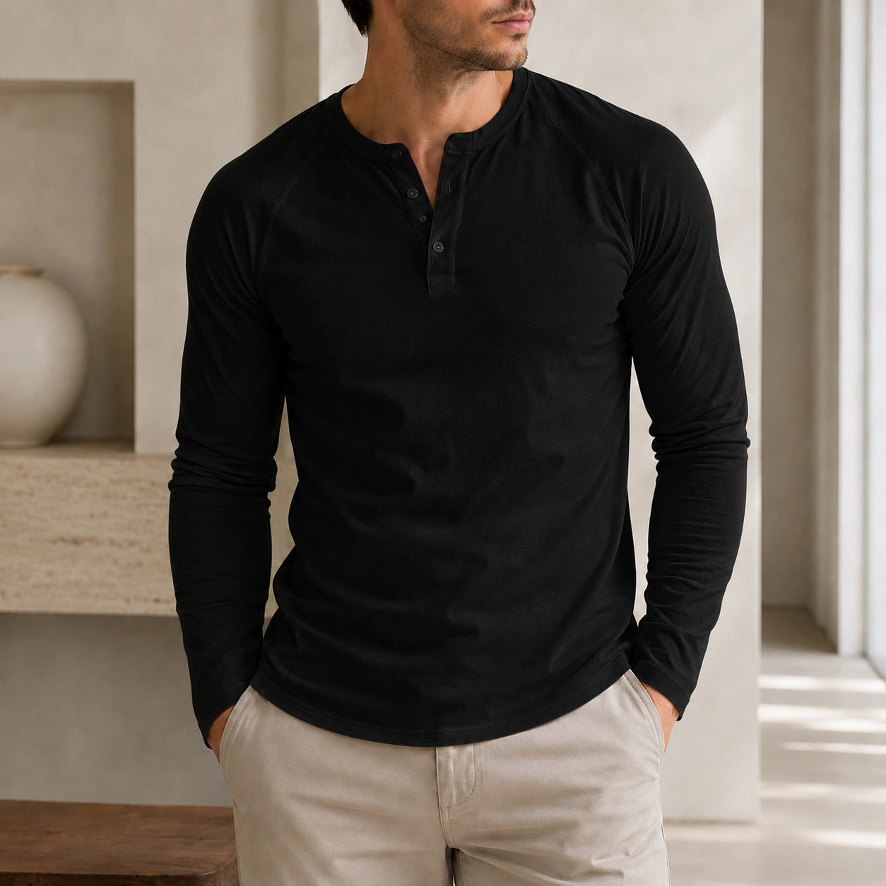 Mivanity Men's Crew Neck Button-Front Long-Sleeve T-Shirts