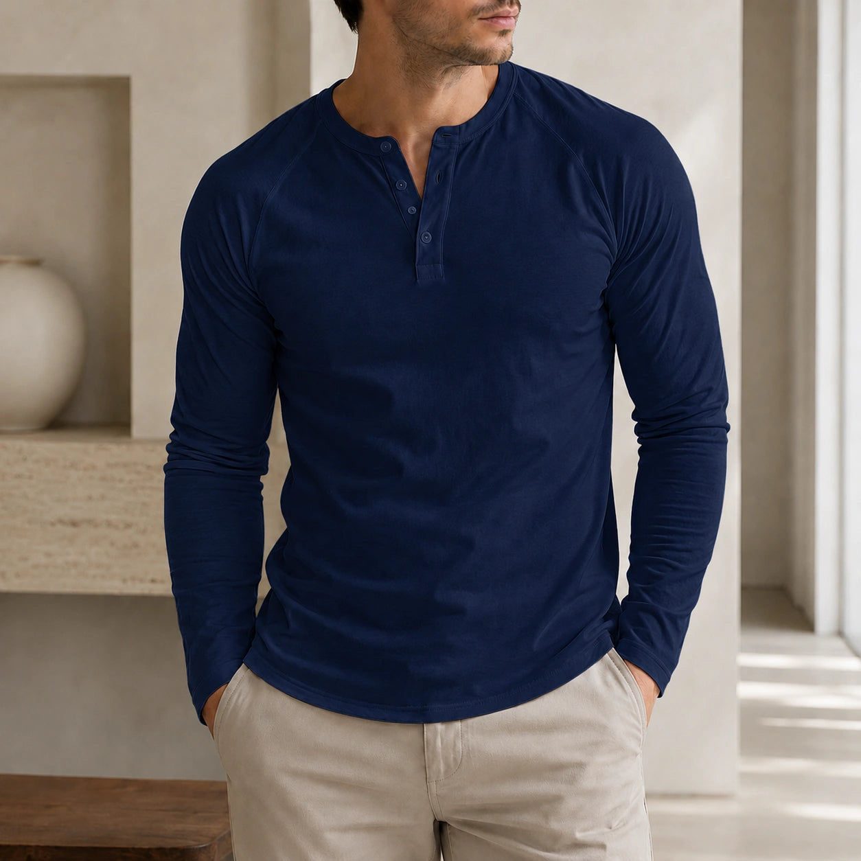 Mivanity Men's Crew Neck Button-Front Long-Sleeve T-Shirts
