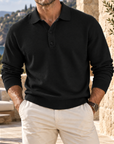 Mivanity Men's Embossed Knit Polo Sweater Long Sleeve Button Neck Casual Pullover