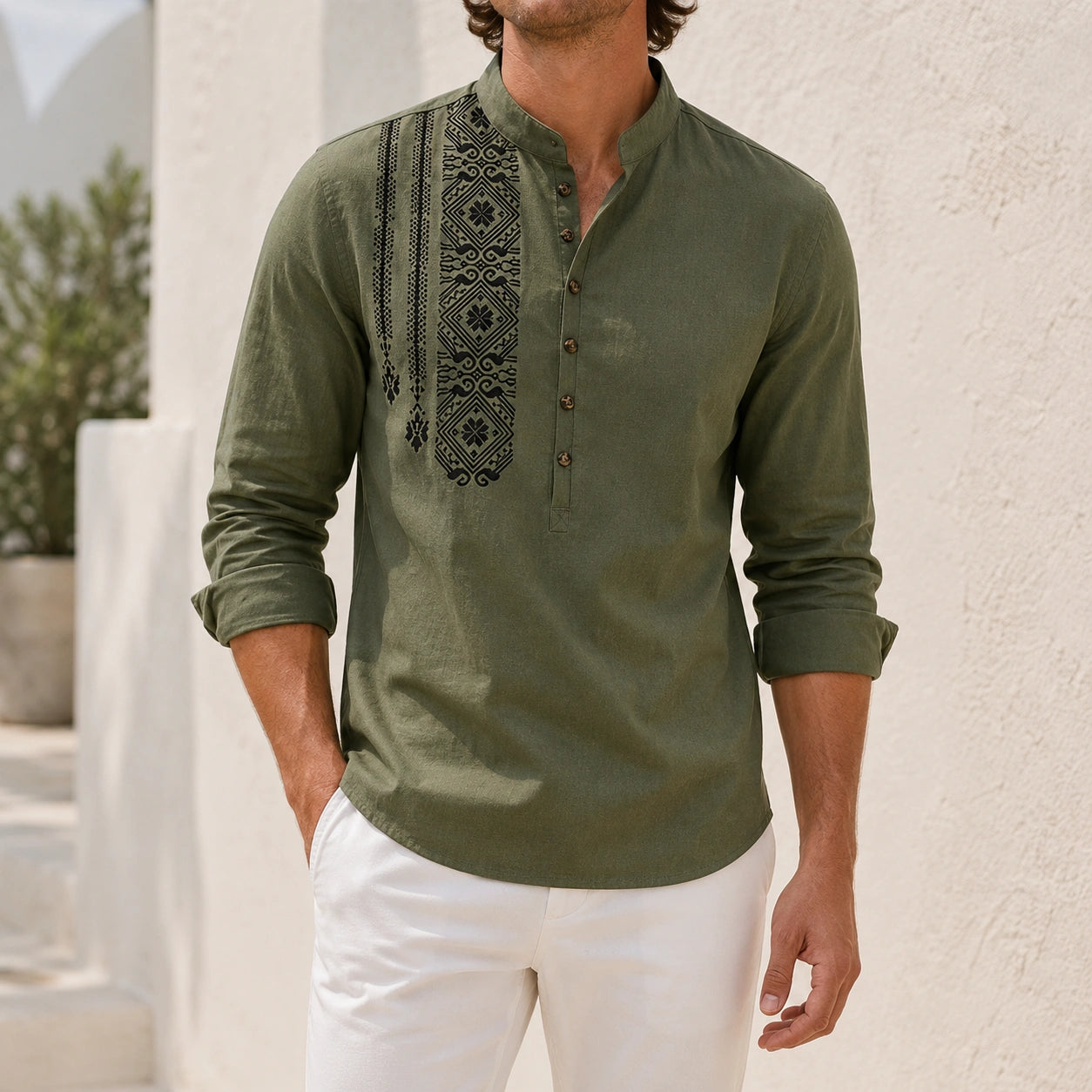 Mivanity Men's Ethnic Print Henley Button-Front Shirts