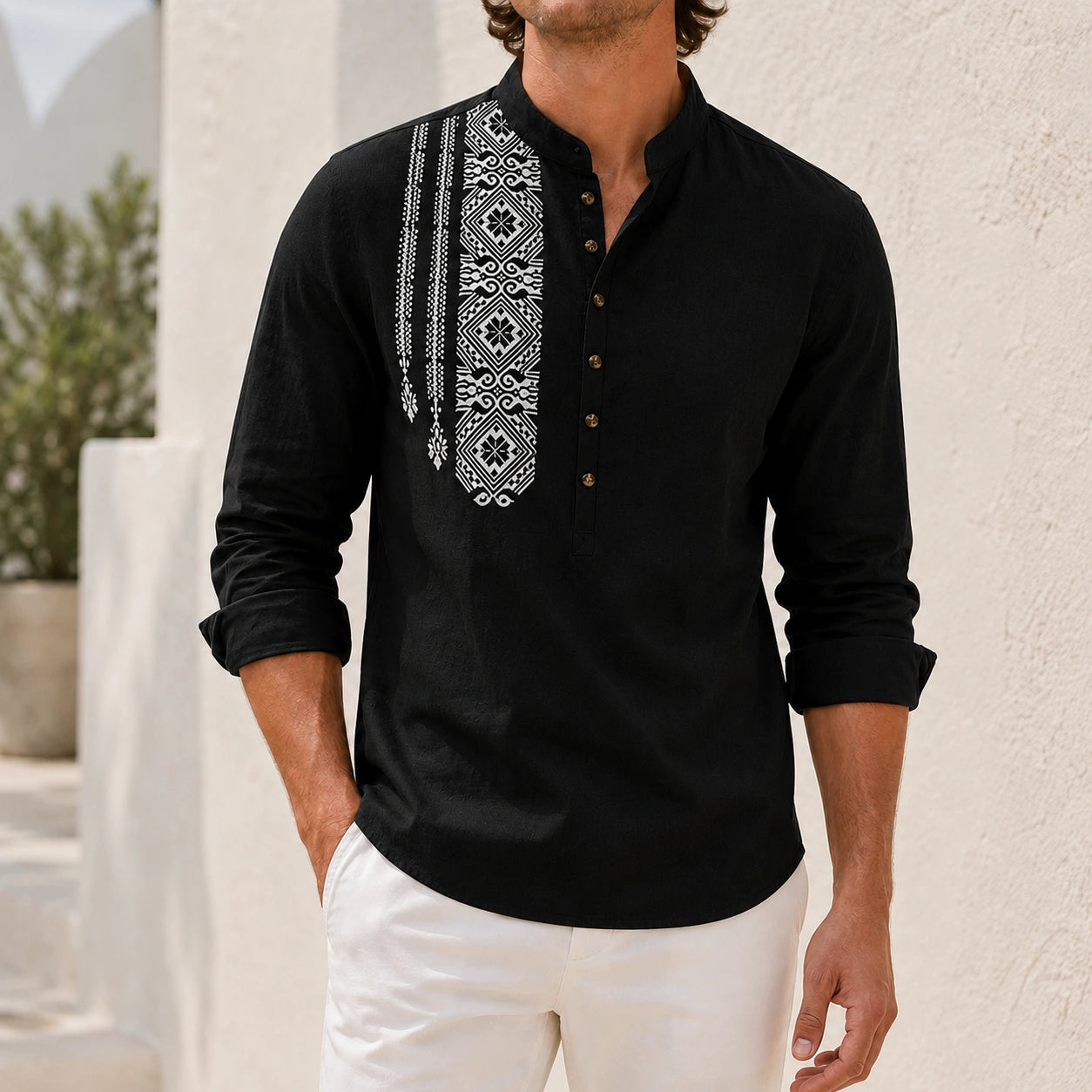 Mivanity Men's Ethnic Print Henley Button-Front Shirts