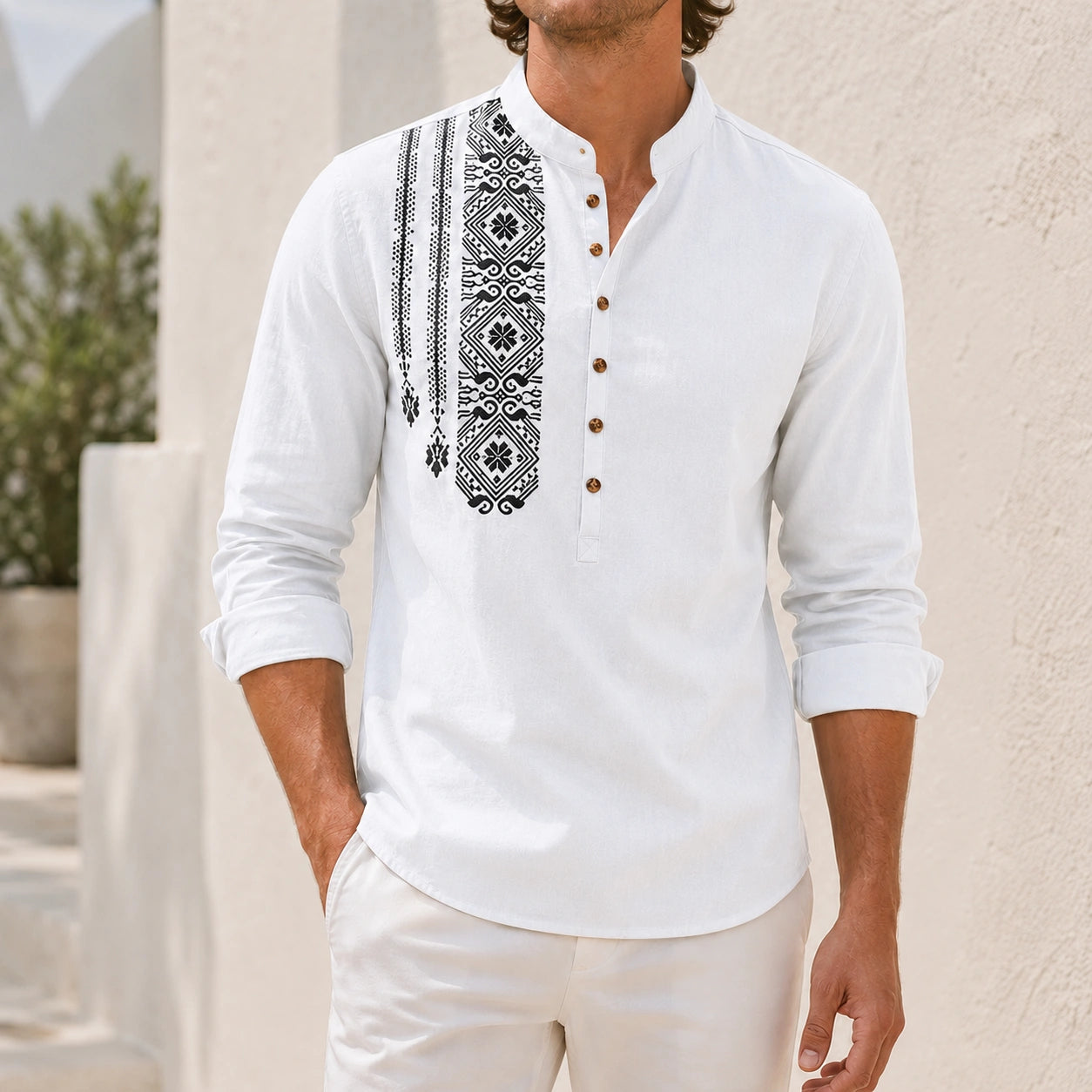 Mivanity Men's Ethnic Print Henley Button-Front Shirts
