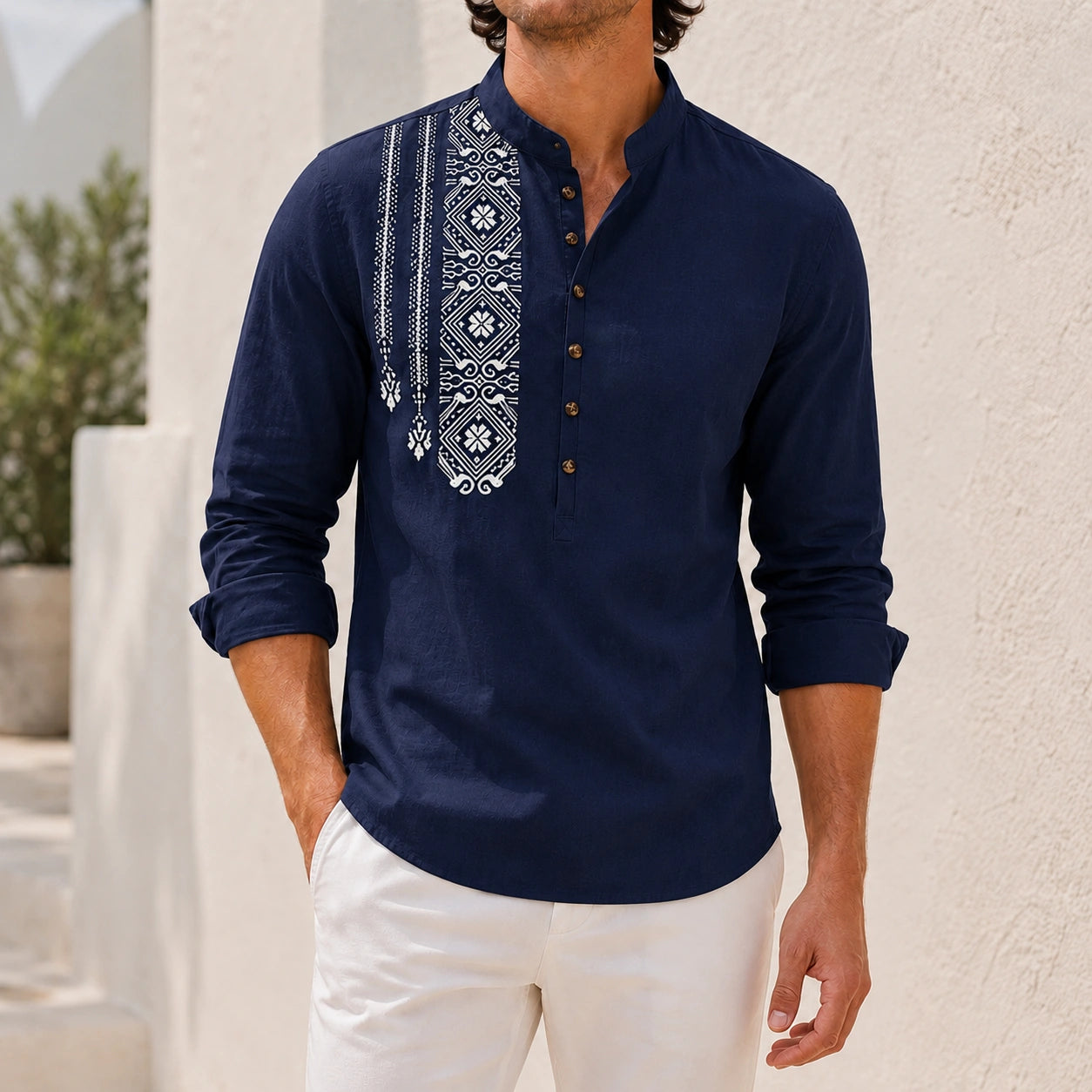 Mivanity Men's Ethnic Print Henley Button-Front Shirts