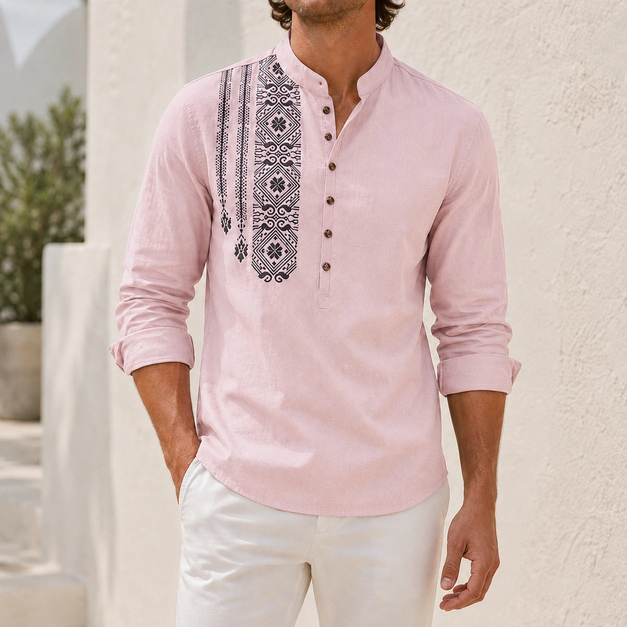 Mivanity Men's Ethnic Print Henley Button-Front Shirts
