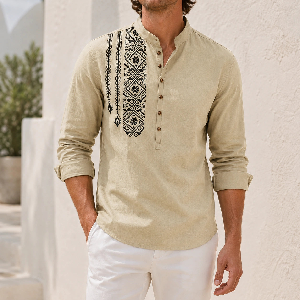 Mivanity Men's Ethnic Print Henley Button-Front Shirts
