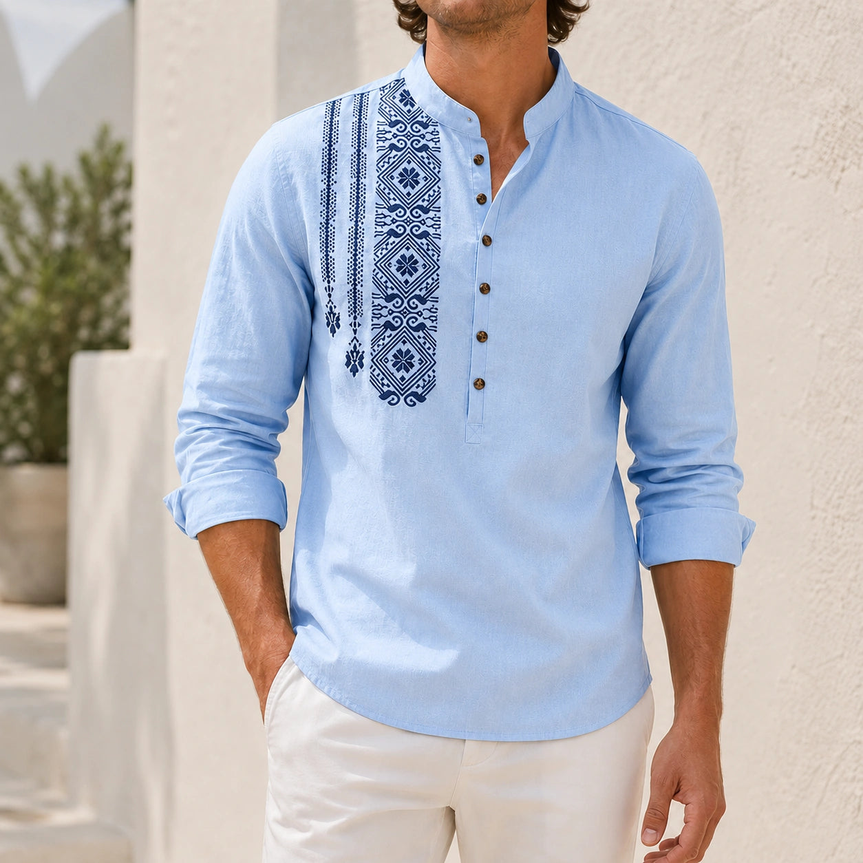 Mivanity Men's Ethnic Print Henley Button-Front Shirts