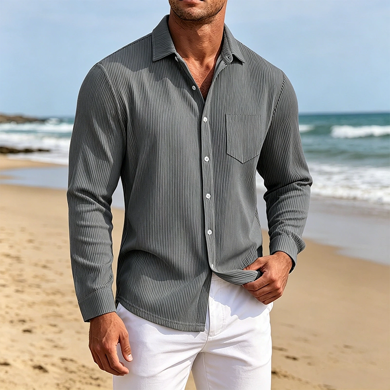 Mivanity Men's Everyday Casual Solid Color Corduroy Button Lapel Long Sleeve Shirt
