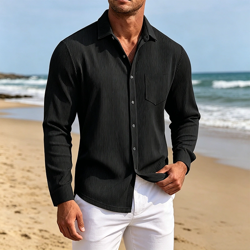 Mivanity Men's Everyday Casual Solid Color Corduroy Button Lapel Long Sleeve Shirt