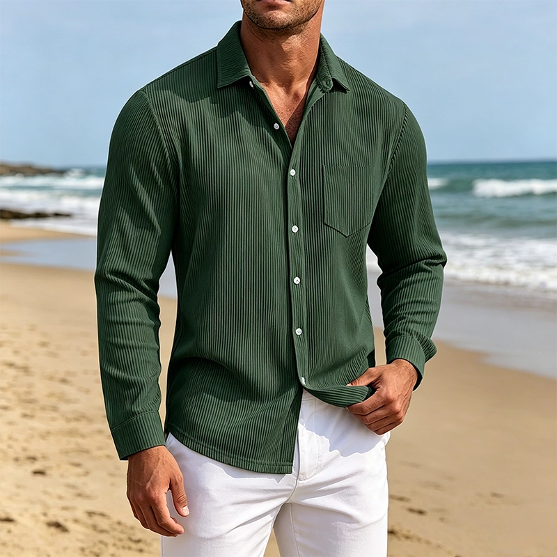 Mivanity Men's Everyday Casual Solid Color Corduroy Button Lapel Long Sleeve Shirt