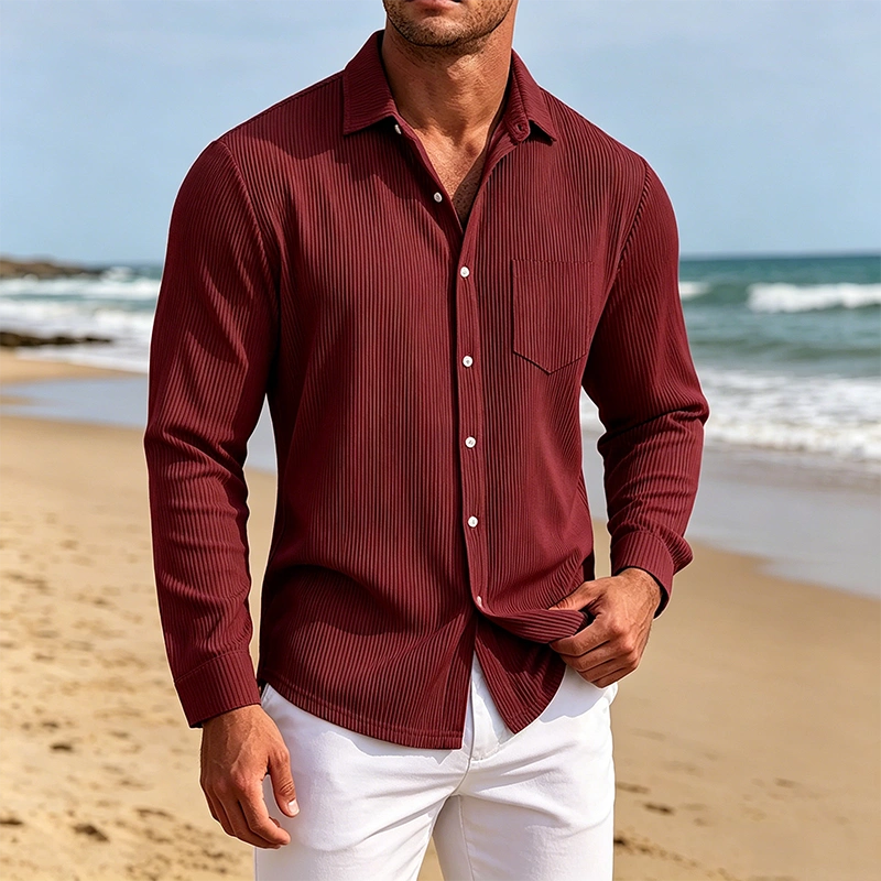 Mivanity Men's Everyday Casual Solid Color Corduroy Button Lapel Long Sleeve Shirt