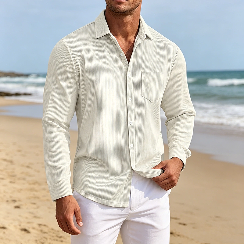Mivanity Men's Everyday Casual Solid Color Corduroy Button Lapel Long Sleeve Shirt