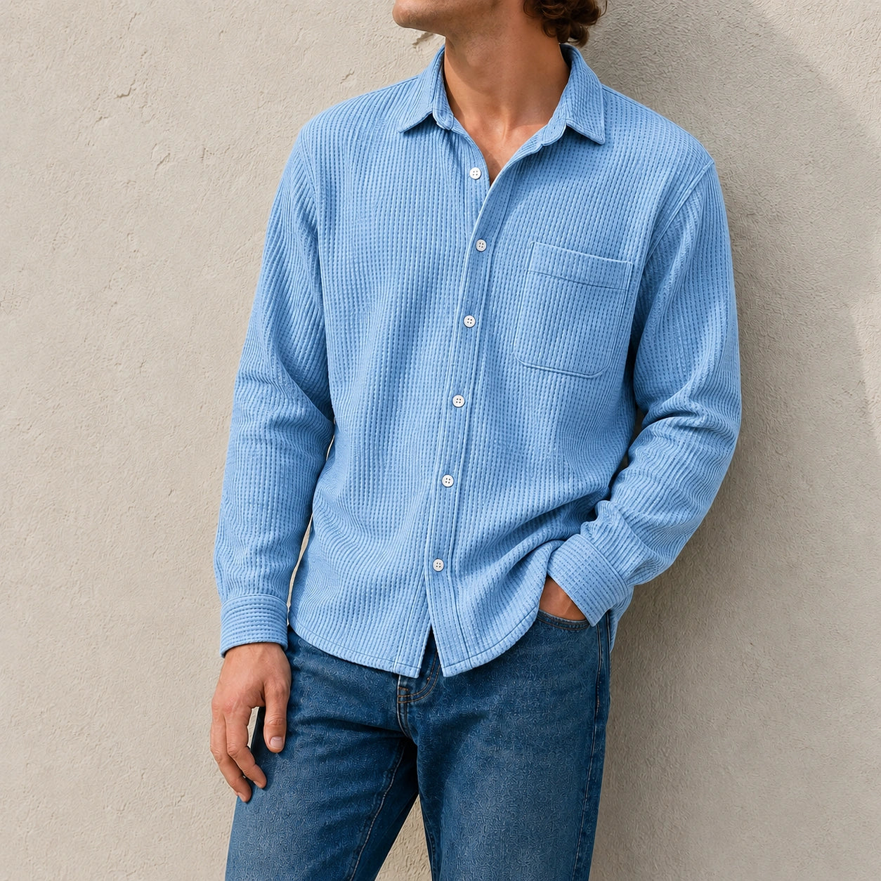 Mivanity Men's Fashion Casual Waffle Fabric Pocket Long Sleeve Lapel Shirt