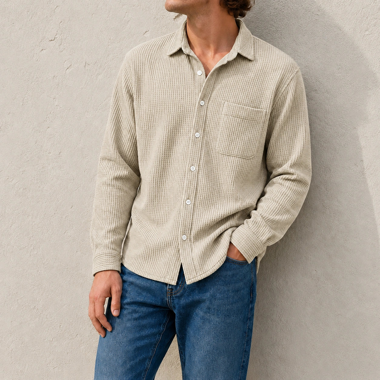 Mivanity Men's Fashion Casual Waffle Fabric Pocket Long Sleeve Lapel Shirt
