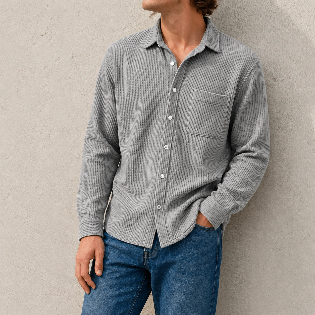 Mivanity Men's Fashion Casual Waffle Fabric Pocket Long Sleeve Lapel Shirt