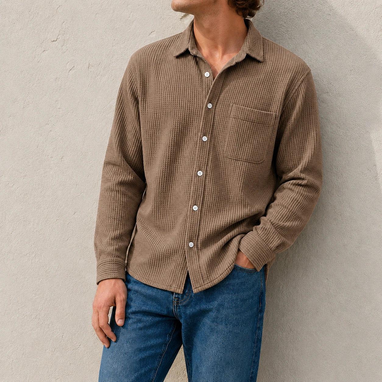Mivanity Men's Fashion Casual Waffle Fabric Pocket Long Sleeve Lapel Shirt