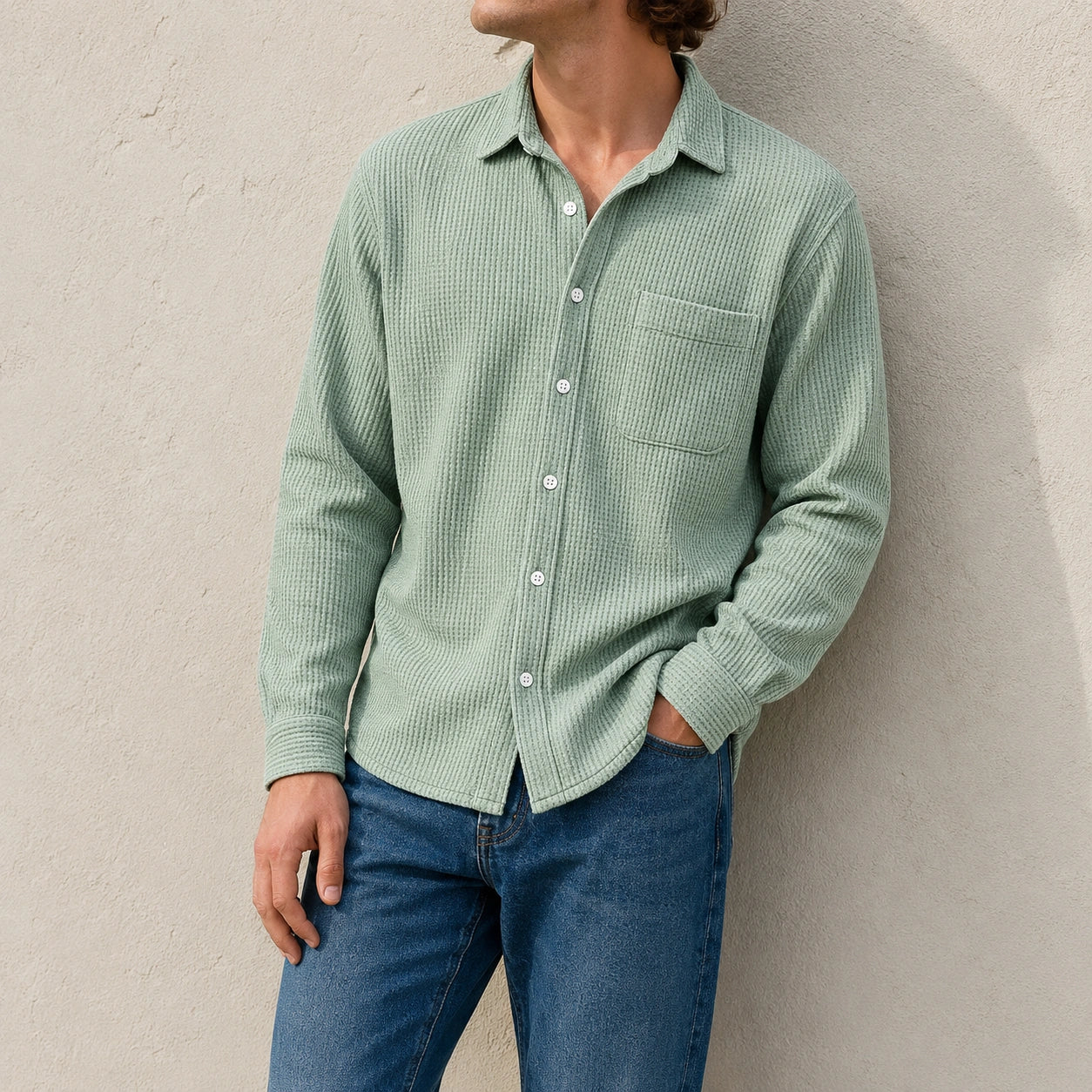Mivanity Men's Fashion Casual Waffle Fabric Pocket Long Sleeve Lapel Shirt