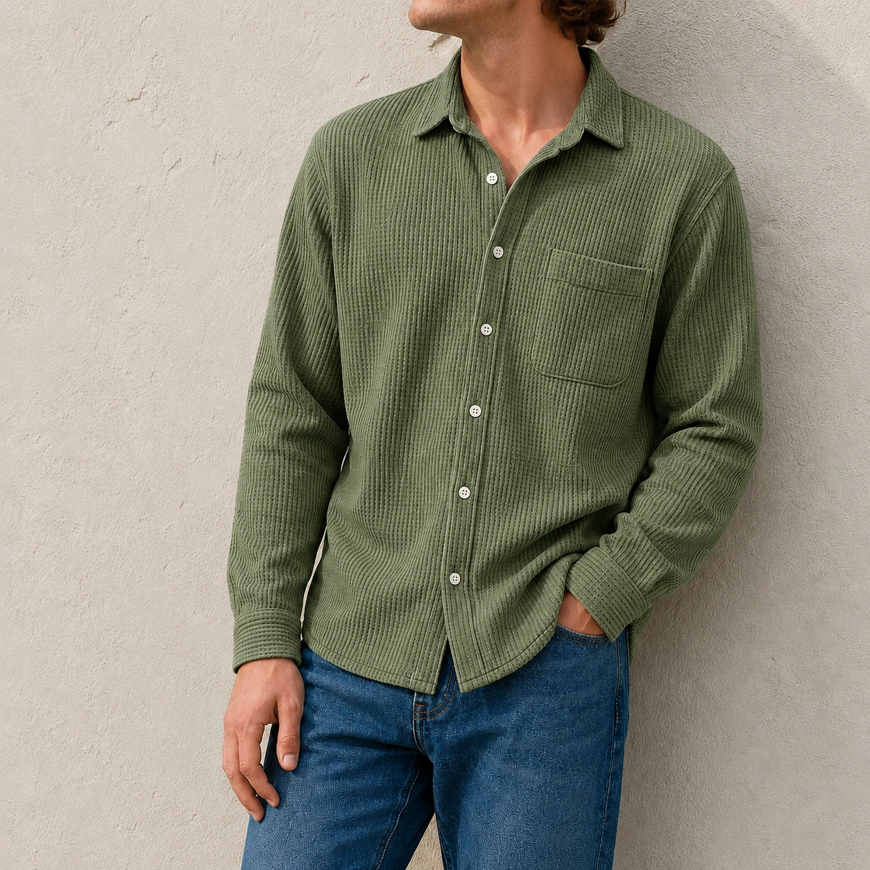 Mivanity Men's Fashion Casual Waffle Fabric Pocket Long Sleeve Lapel Shirt
