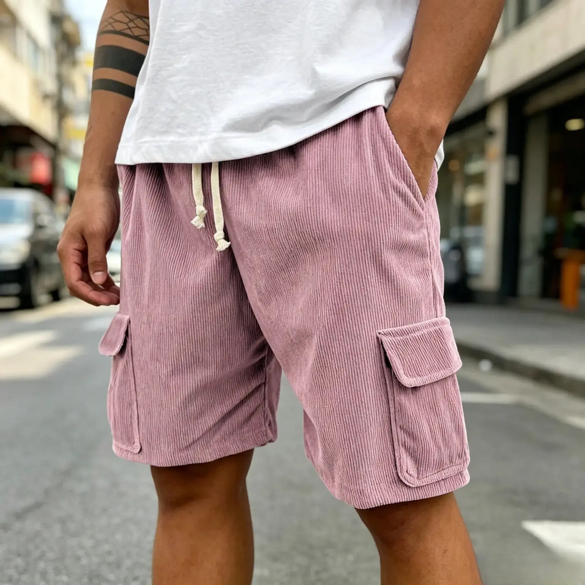 Mivanity Men's Fashion Retro Outdoor Workwear Pocket Elastic Waist Drawstring Shorts