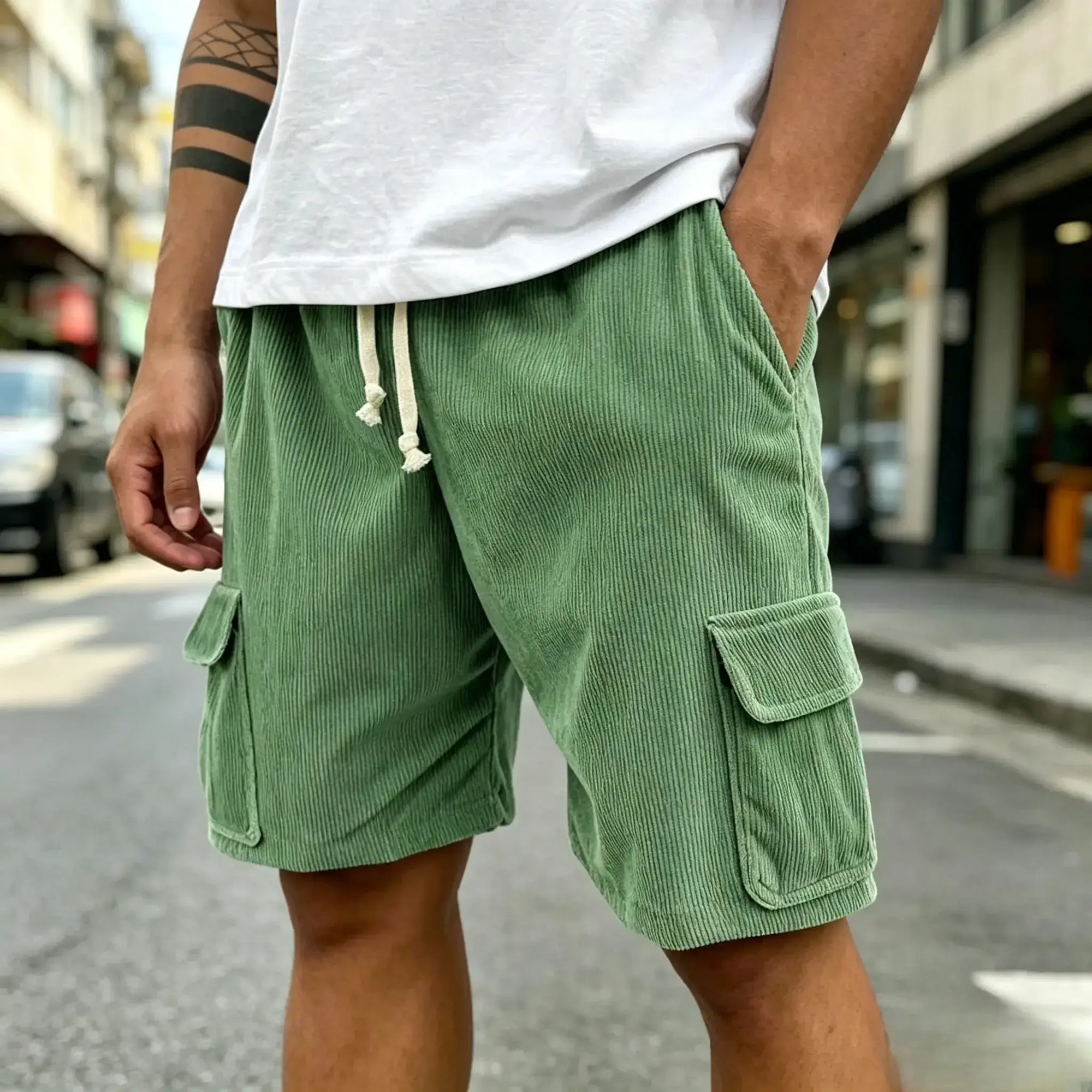 Mivanity Men's Fashion Retro Outdoor Workwear Pocket Elastic Waist Drawstring Shorts
