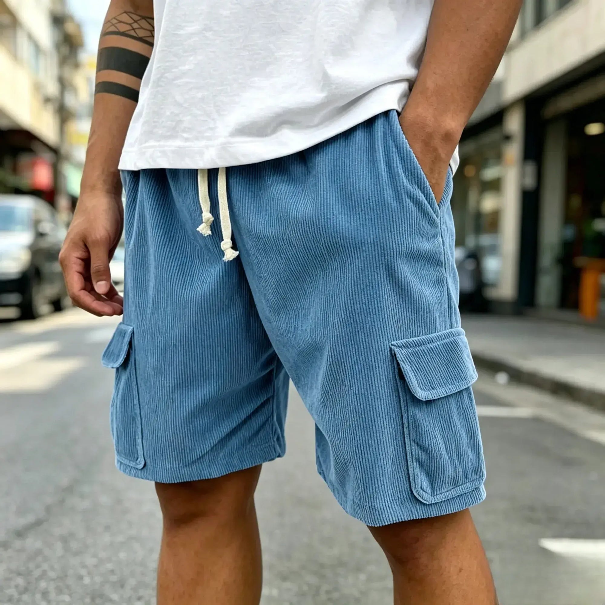 Mivanity Men's Fashion Retro Outdoor Workwear Pocket Elastic Waist Drawstring Shorts