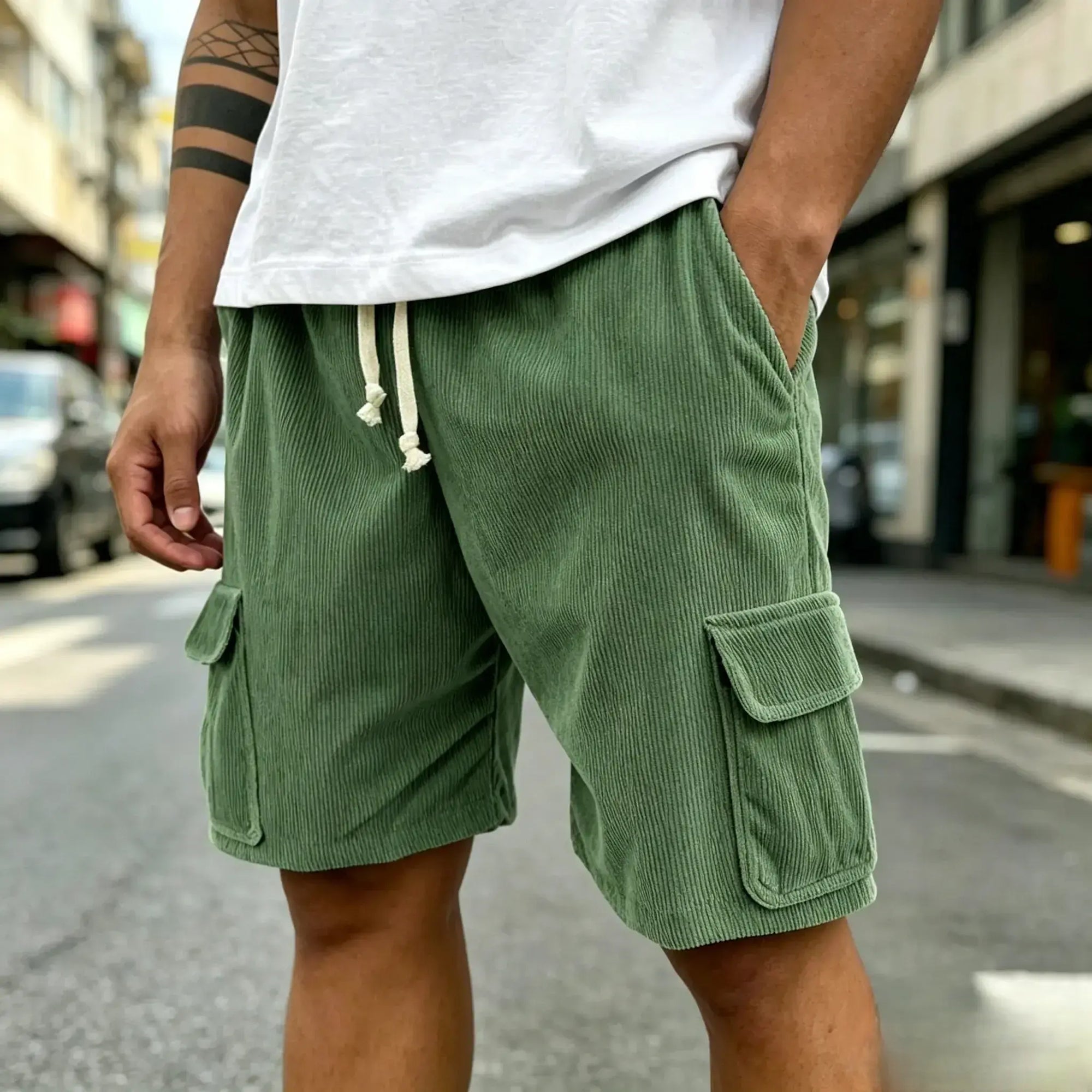 Mivanity Men's Fashion Retro Outdoor Workwear Pocket Elastic Waist Drawstring Shorts