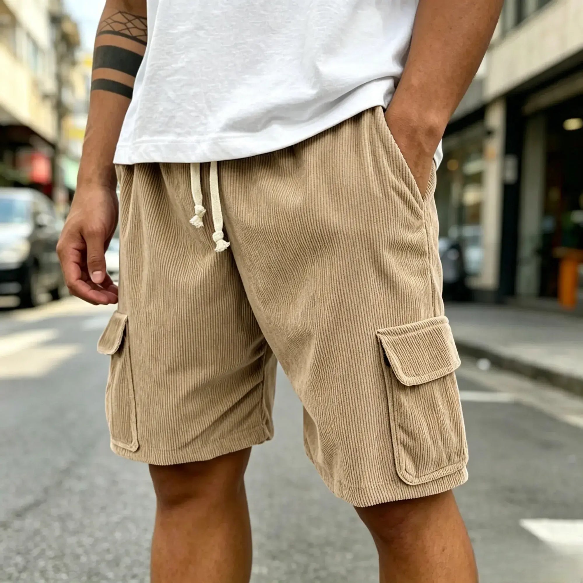 Mivanity Men's Fashion Retro Outdoor Workwear Pocket Elastic Waist Drawstring Shorts