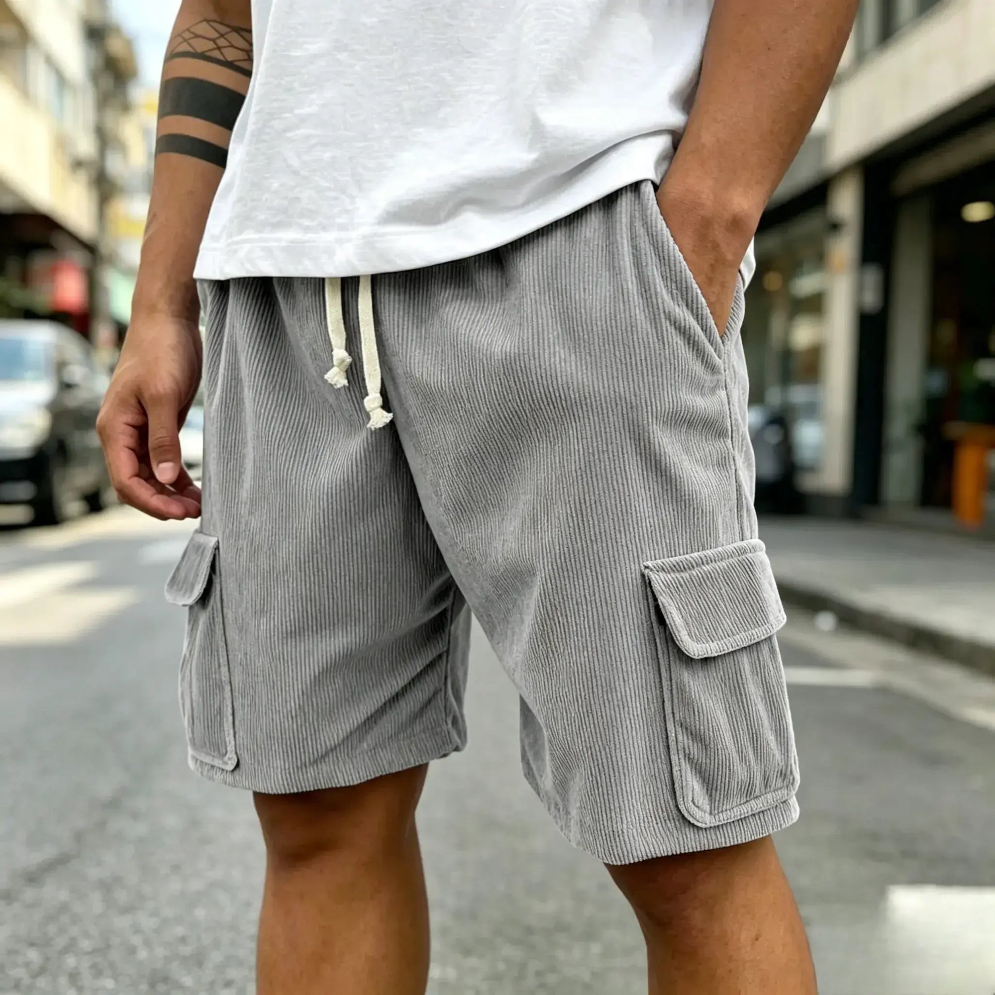 Mivanity Men's Fashion Retro Outdoor Workwear Pocket Elastic Waist Drawstring Shorts