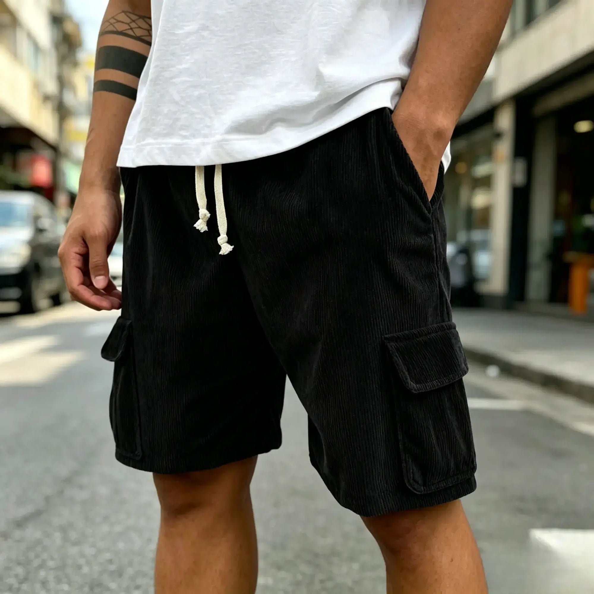 Mivanity Men's Fashion Retro Outdoor Workwear Pocket Elastic Waist Drawstring Shorts