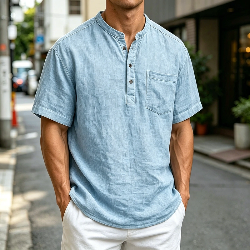 Mivanity Men's Fashion Retro Ramie Fabric Pocket Short-sleeved Henley Shirt