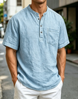 Mivanity Men's Fashion Retro Ramie Fabric Pocket Short-sleeved Henley Shirt