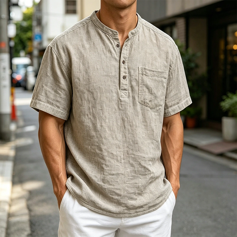 Mivanity Men's Fashion Retro Ramie Fabric Pocket Short-sleeved Henley Shirt
