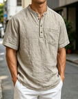 Mivanity Men's Fashion Retro Ramie Fabric Pocket Short-sleeved Henley Shirt