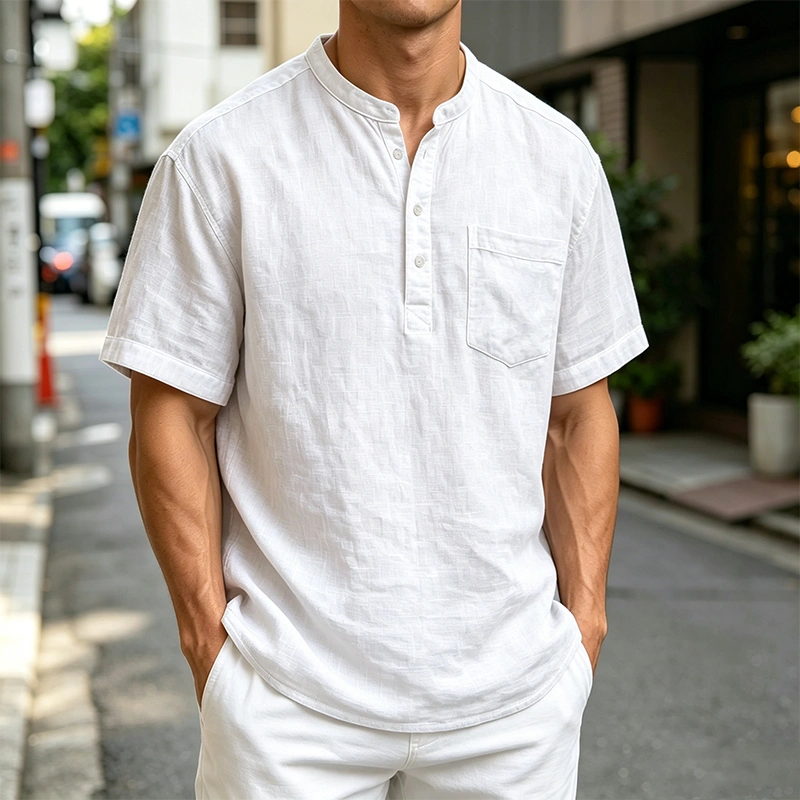 Mivanity Men's Fashion Retro Ramie Fabric Pocket Short-sleeved Henley Shirt