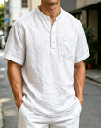 Mivanity Men's Fashion Retro Ramie Fabric Pocket Short-sleeved Henley Shirt