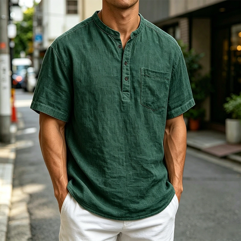 Mivanity Men's Fashion Retro Ramie Fabric Pocket Short-sleeved Henley Shirt