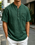 Mivanity Men's Fashion Retro Ramie Fabric Pocket Short-sleeved Henley Shirt