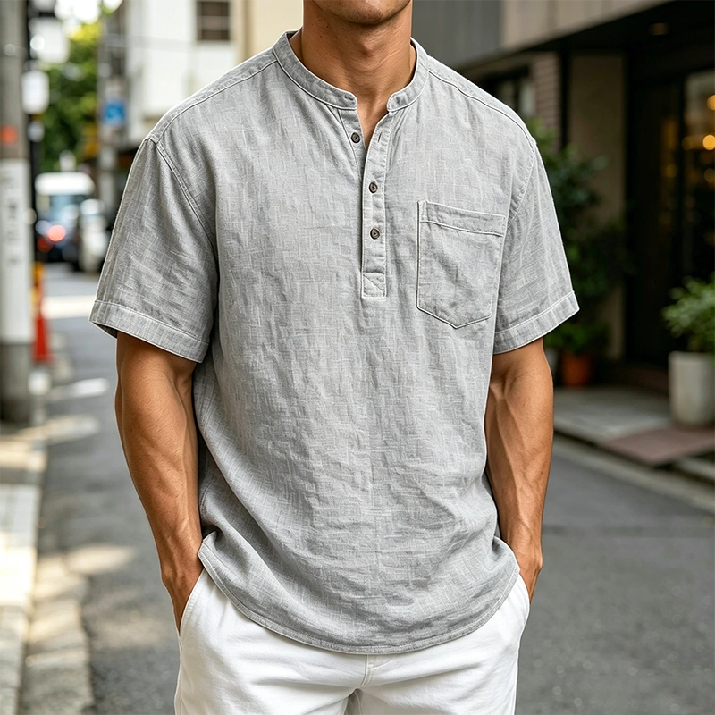 Mivanity Men's Fashion Retro Ramie Fabric Pocket Short-sleeved Henley Shirt