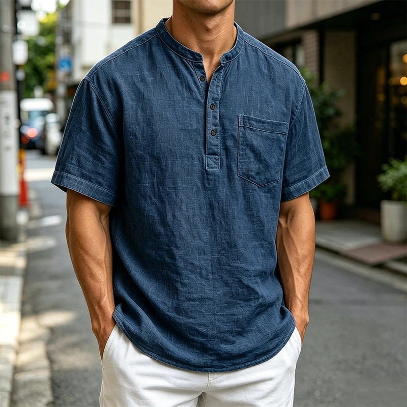 Mivanity Men's Fashion Retro Ramie Fabric Pocket Short-sleeved Henley Shirt