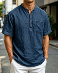 Mivanity Men's Fashion Retro Ramie Fabric Pocket Short-sleeved Henley Shirt
