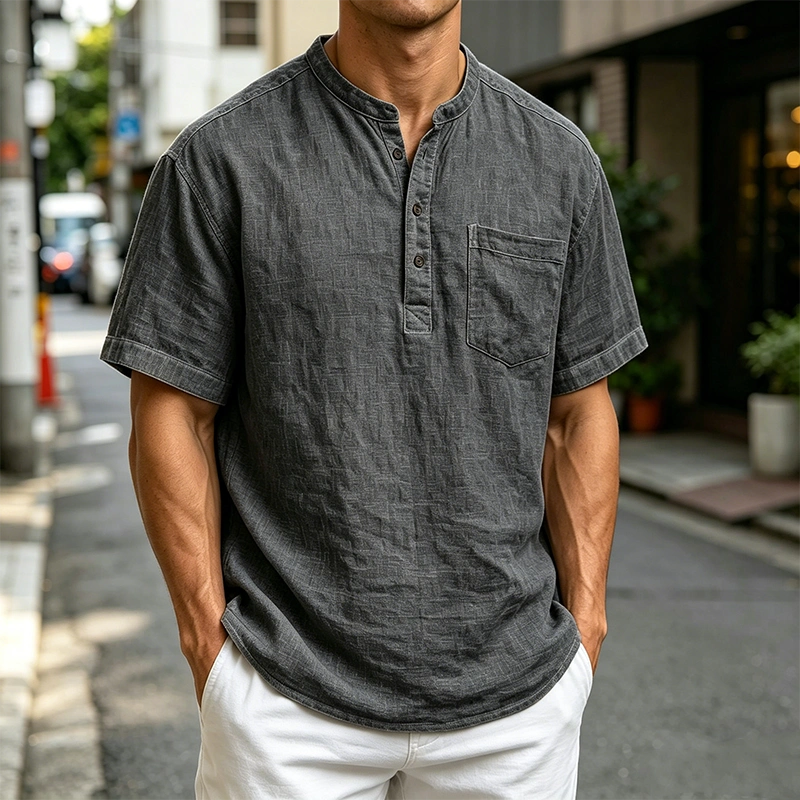Mivanity Men's Fashion Retro Ramie Fabric Pocket Short-sleeved Henley Shirt