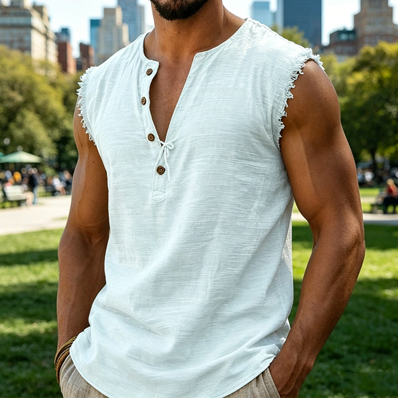 Mivanity Men's Frayed Edge Henley Sleeveless Tank Top