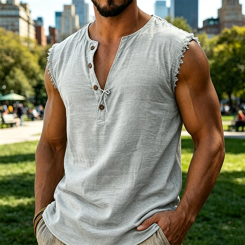 Mivanity Men's Frayed Edge Henley Sleeveless Tank Top