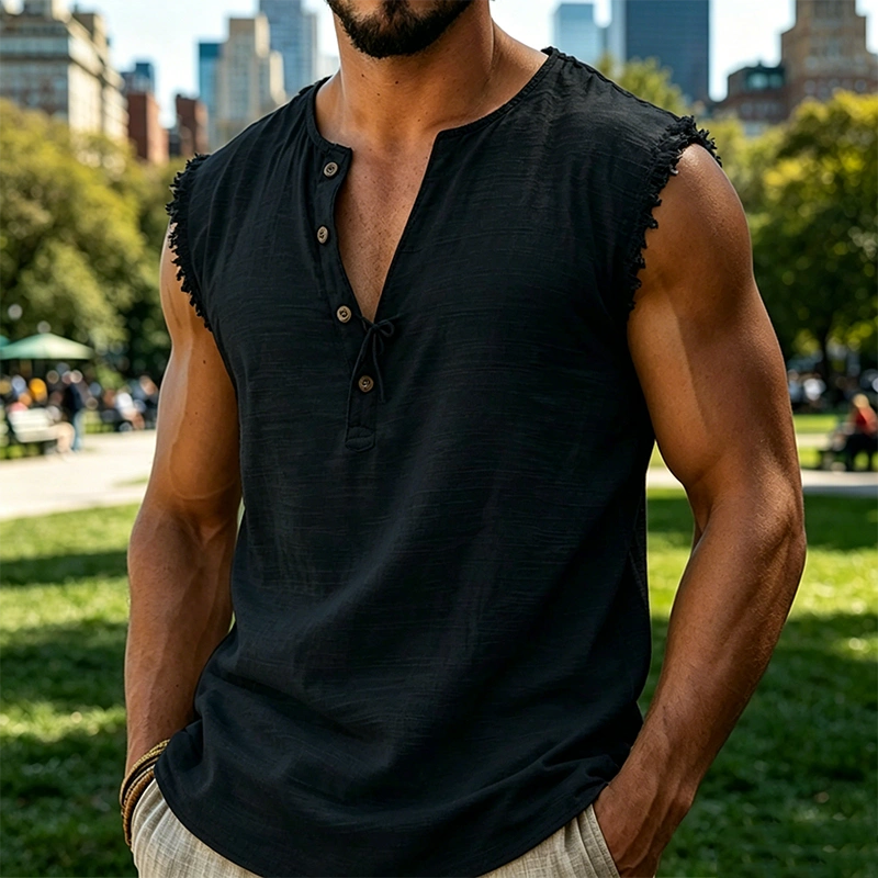 Mivanity Men's Frayed Edge Henley Sleeveless Tank Top