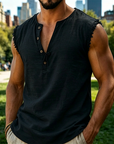 Mivanity Men's Frayed Edge Henley Sleeveless Tank Top