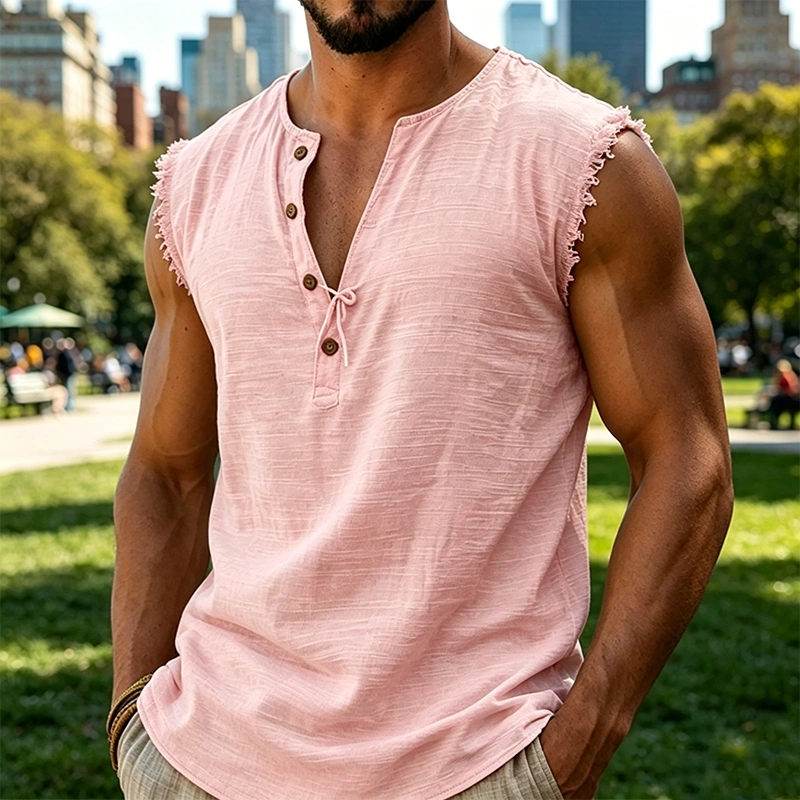 Mivanity Men's Frayed Edge Henley Sleeveless Tank Top