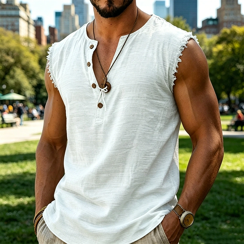Mivanity Men's Frayed Edge Henley Sleeveless Tank Top