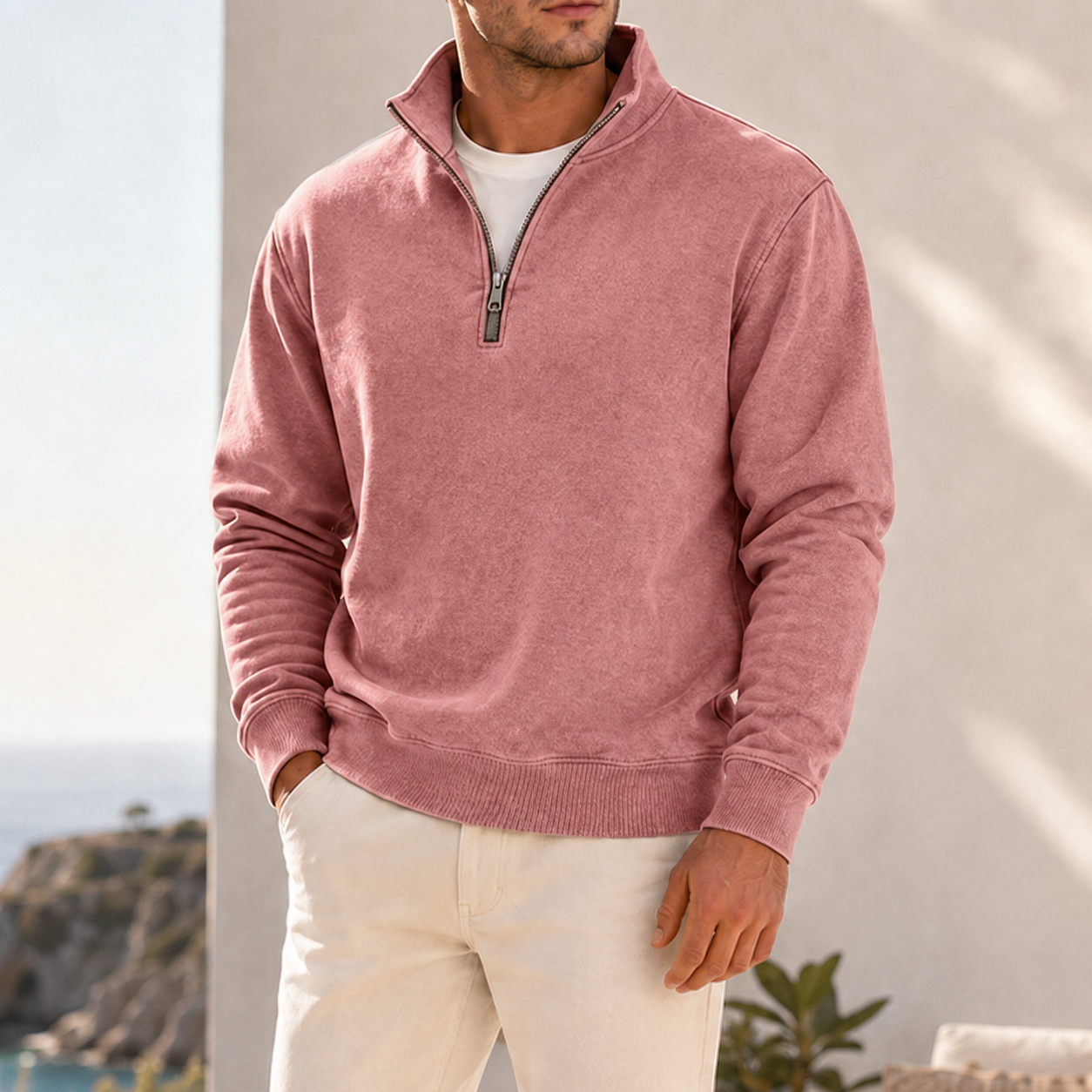 Mivanity Men's Garment-Dyed Relaxed Half-Zip French Terry Pullover