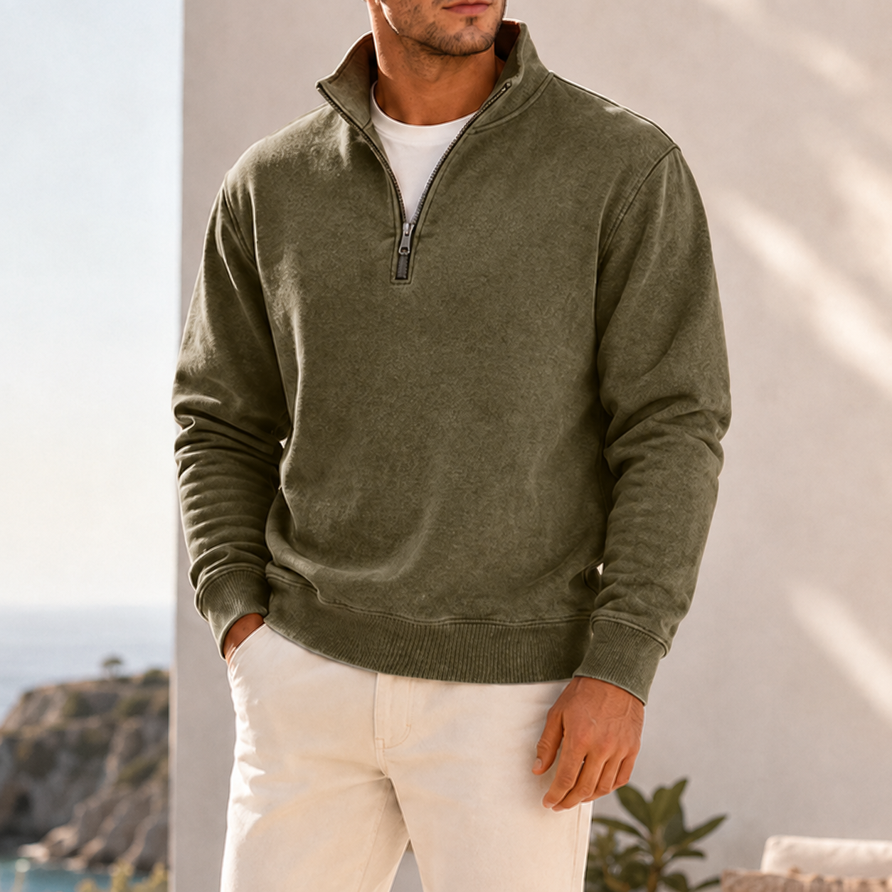 Mivanity Men's Garment-Dyed Relaxed Half-Zip French Terry Pullover