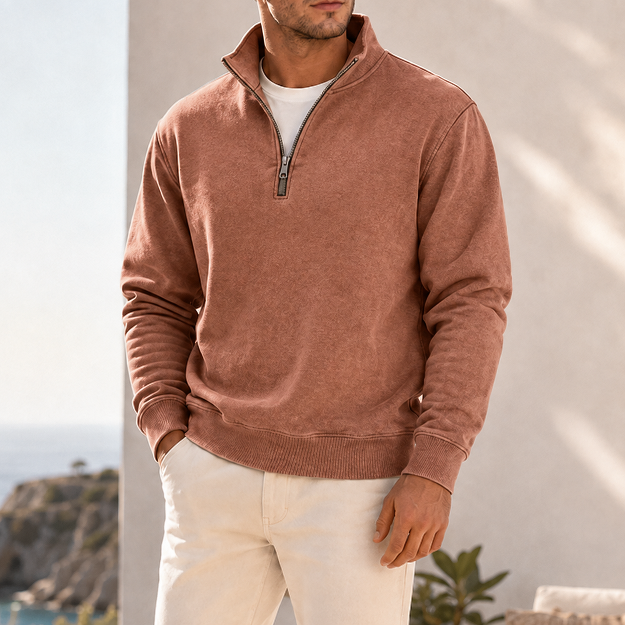 Mivanity Men's Garment-Dyed Relaxed Half-Zip French Terry Pullover